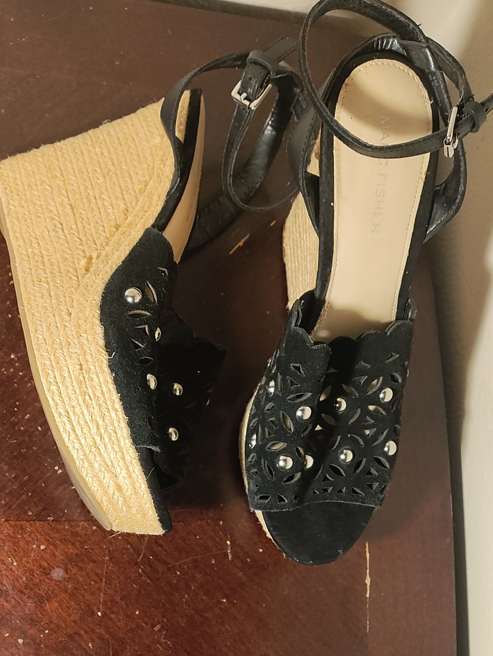 Marc Fisher Black Suede Laser-Cut Espadrille Wedge Sandals